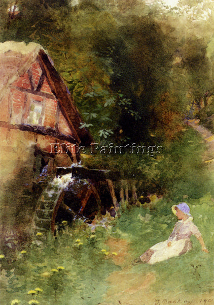 MACKAY THOMAS A YOUNG GIRL SEATED NEAR A WATERMILL ARTIST PAINTING REPRODUCTION