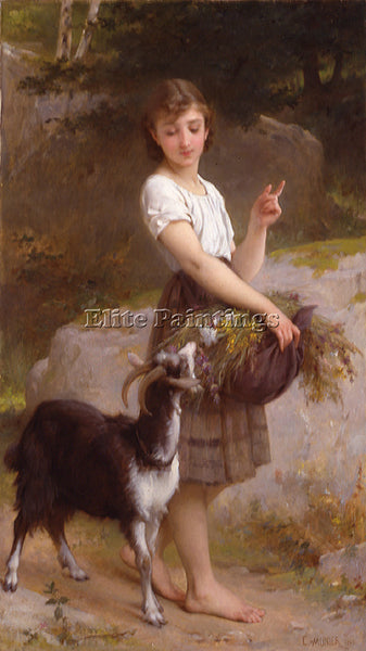 EMILE MUNIER 1890 04 YOUNG GIRL WITH GOAT AND FLOWERS ARTIST PAINTING HANDMADE