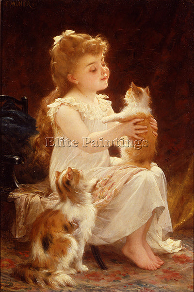 EMILE MUNIER 1893 01 PLAYING WITH THE KITTEN ARTIST PAINTING HANDMADE OIL CANVAS